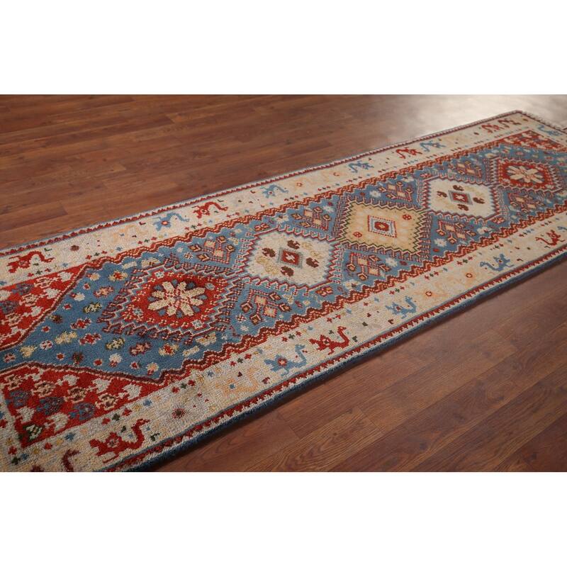 Blue Geometric Kazak Indian Foyer Rug Handmade Wool Carpet - 2'6"x 6'0"
