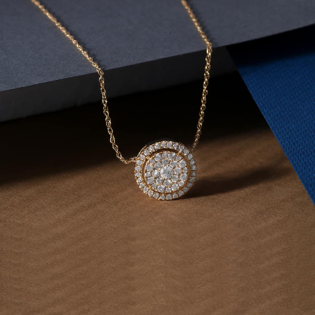 IGI Certified 14K Yellow Gold 1/3ct Diamond Cluster Halo Pendant Necklace for Women
