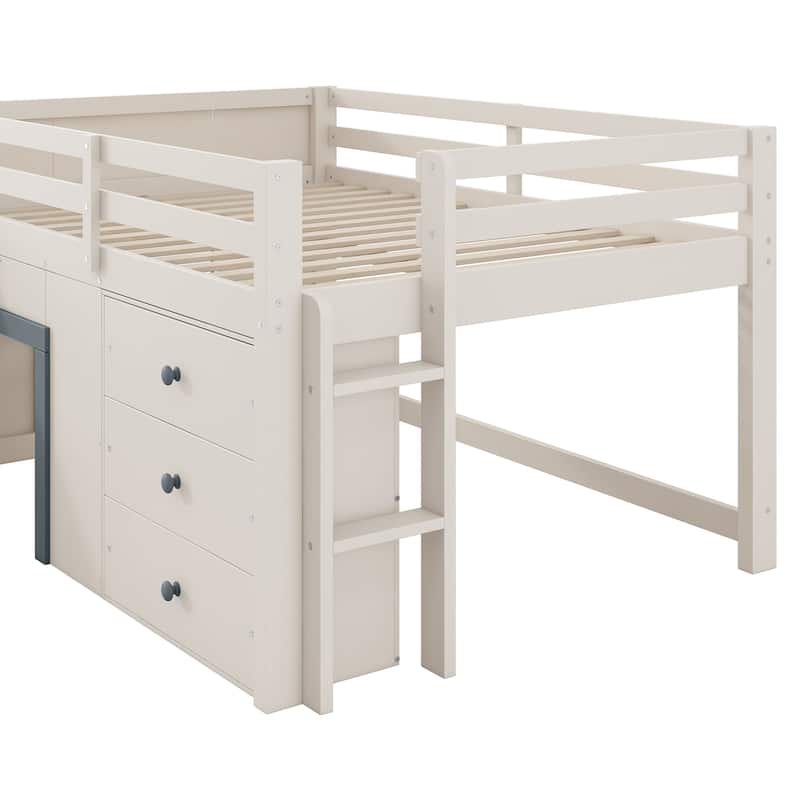 Full Size Low Loft Bed with Slide, 3 Storage Drawers and 2 Doors