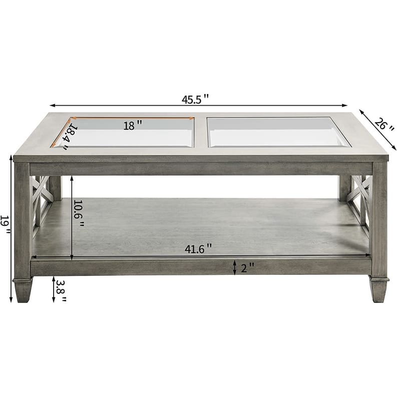 2-Tier 45.5" X 26" Solid Wood Coffee Table Tempered Glass Top