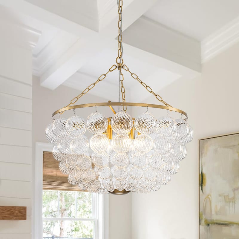 Glam Brass Tiered Swirled Glass Bubble Bead Cage Round Chandelier