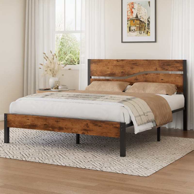 Javlergo Metal Platform Bed Frame with Wooden Headboard and Footboard Farmhouse Rustic Platform Bed Frame No Box Spring Needed