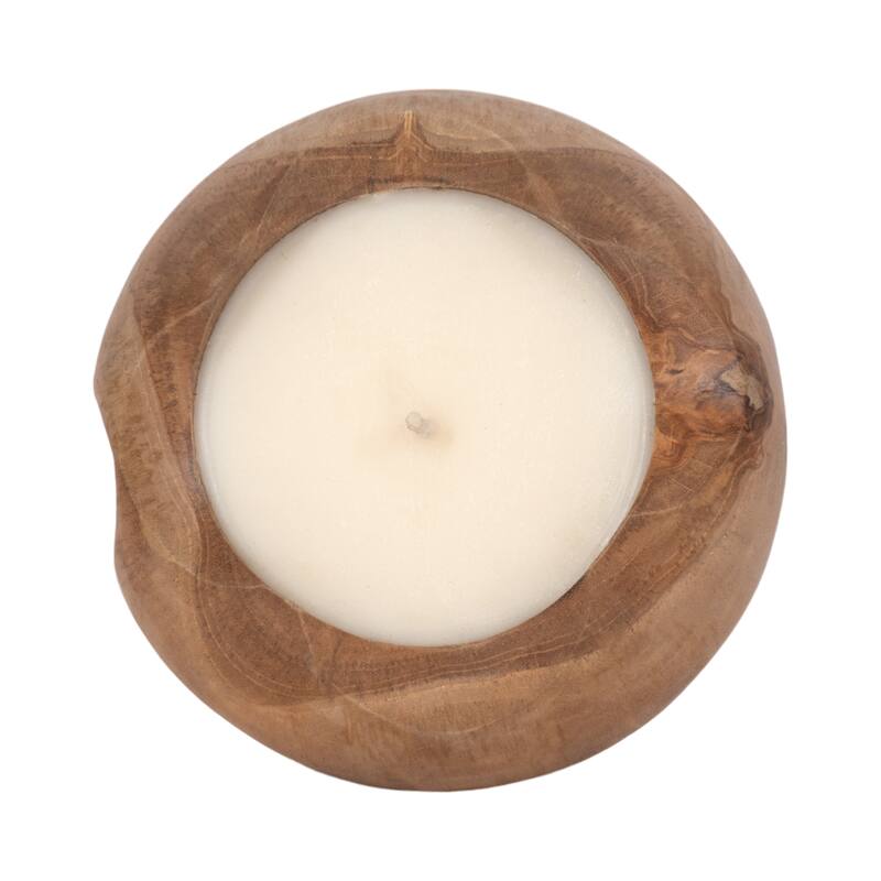 Sagebrook Home Natural Teak Wood 8" Round Candle - Warm Indoor Ambiance - 7" x 7" x 7"