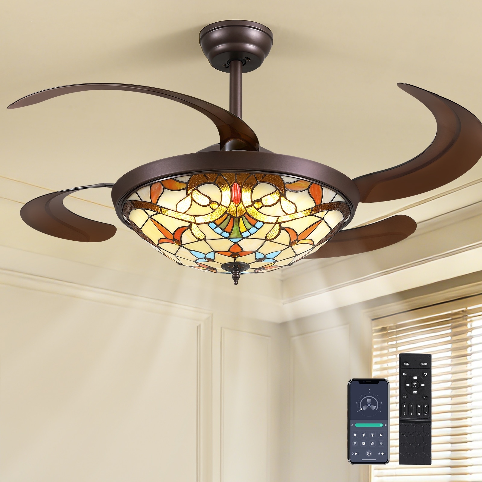 Smart Coffee-Colored Tiffany Baroque Invisible Ceiling Fan LED Light - 48''