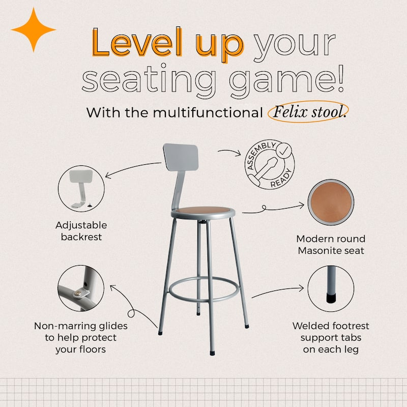 Hampden Furnishings Felix Collection Steel Stool with Backrest, AssemblyReady