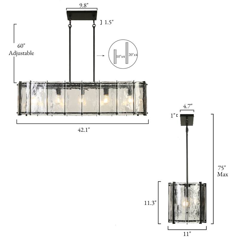 Modern Black 5-Light Rectangle Chandelier with Textured Glass For Kitchen Island Dining Room - W42.1"xD10.6"xH11"