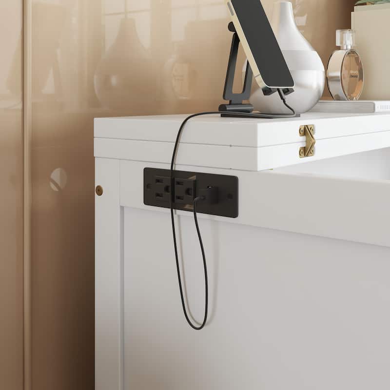 Full Size Murphy Bed with USB Port and Removable Shelves on Each Side, Solid Pine Murphy Cabinet Bed for Home Office