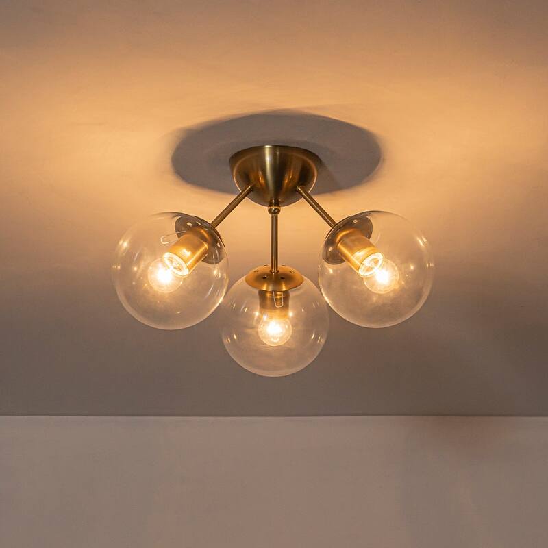 3-Light Brushed Brass Glass Globe Sputnik Semi Flush Mount