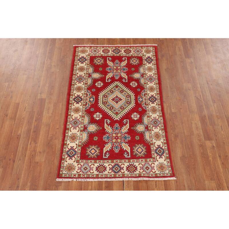 Geometric Red Kazak Accent Rug Handmade Wool Carpet - 3'2" x 5'1"