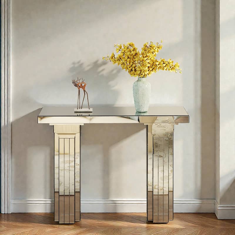 Silver Mirrored Console Table with Rectangular T-Base, Modern Entryway Table for Living Room & Hallway Decor - Silver