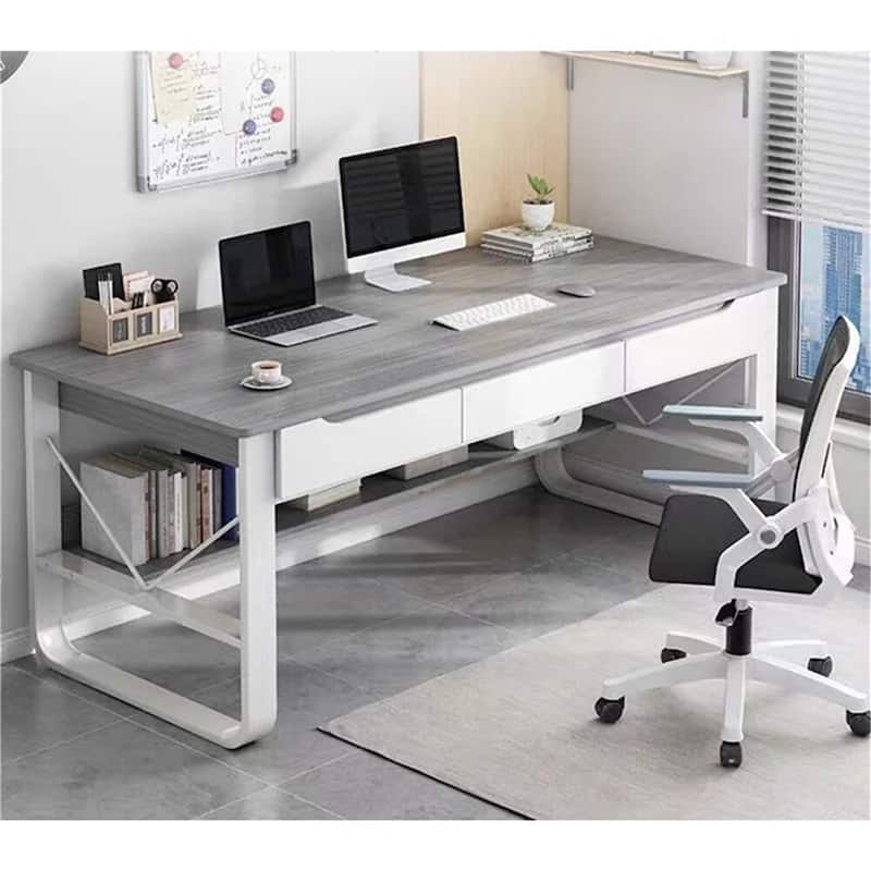 55.12"W Rectangle Desk Grey White with Drawer - Grey White