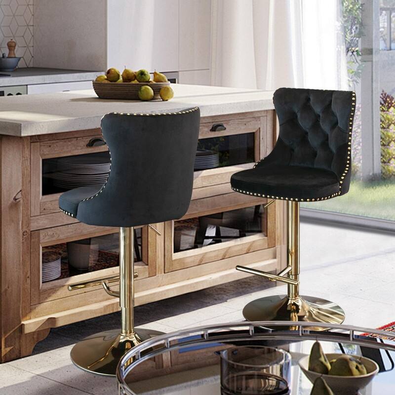 Velvet Upholstered Nailheads Tufted Swivel Bar Stools (Set of 2)