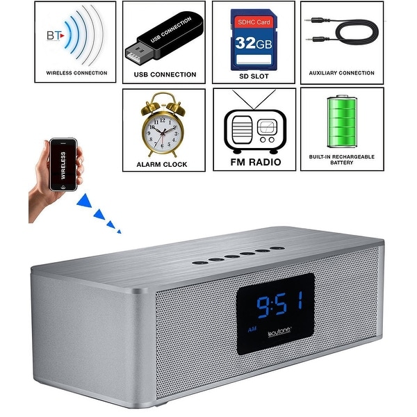 Boytone BT-88CB Bluetooth 4.1 Portable Alarm Clock Radio Wireless Speaker, Digital FM Tuning Built-in Rechargeable Battery, Mic,