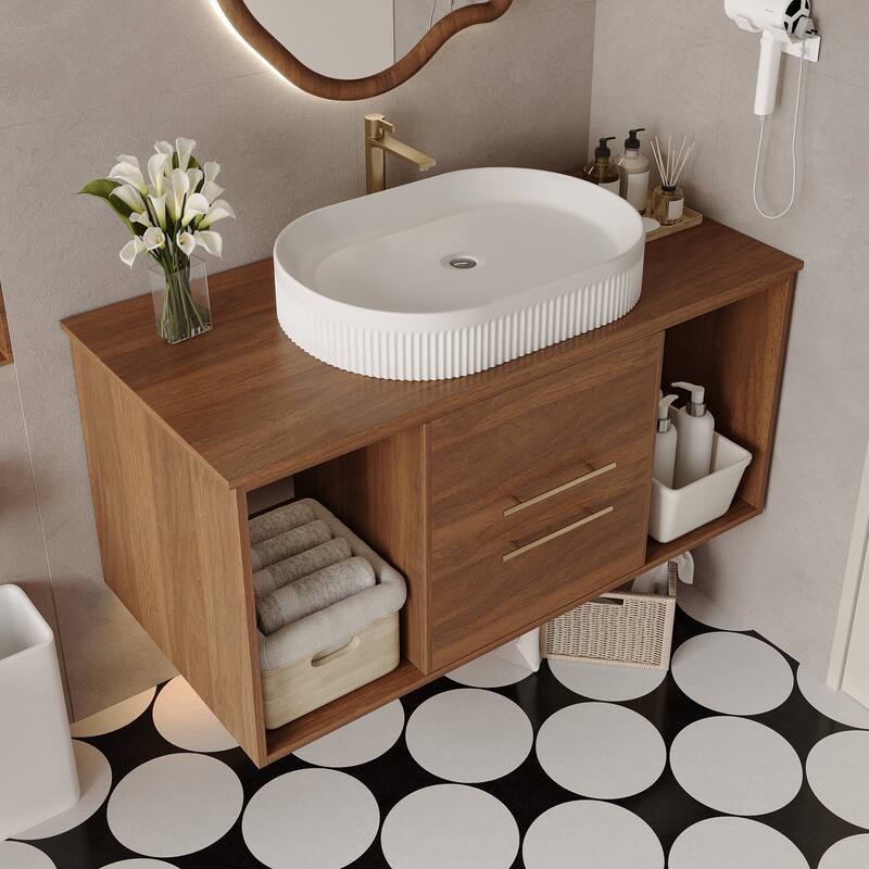 GDFStudio - Modern Wall-Mounted Multi-Layer Solid Wood Bathroom Vanity with Ceramic Vessel Sink & Open Shelf Storage - 40"