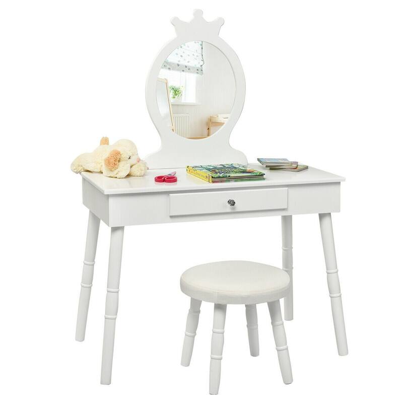 Young Princess Wooden Makeup Vanity Table Set with Padded Stool-White - 27.5" x 13.5" x 40"(L x W x H)