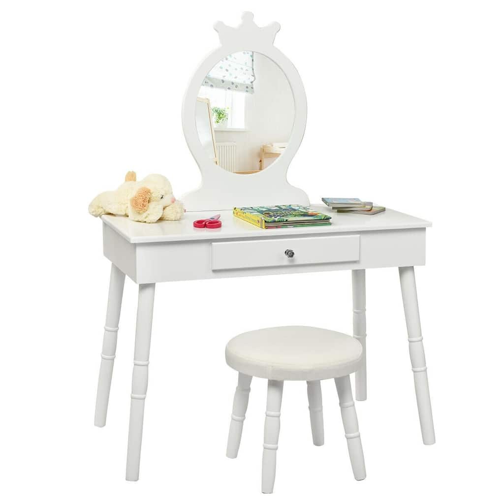 Young Princess Wooden Makeup Vanity Table Set with Padded Stool-White - 27.5" x 13.5" x 40"(L x W x H)