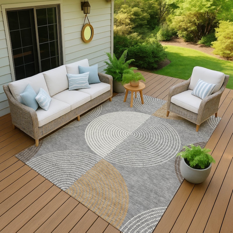 Machine Washable Indoor/ Outdoor Casual Circles Chantille Rug - Gray - 10' x 14'