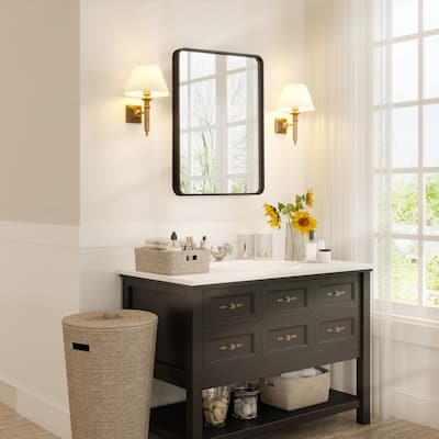 Black Metal Framed Bathroom Mirror for Wall, 20X28 Inch Rounded Rectangle Mirror, Matte Black Bathroom Vanity Mirror