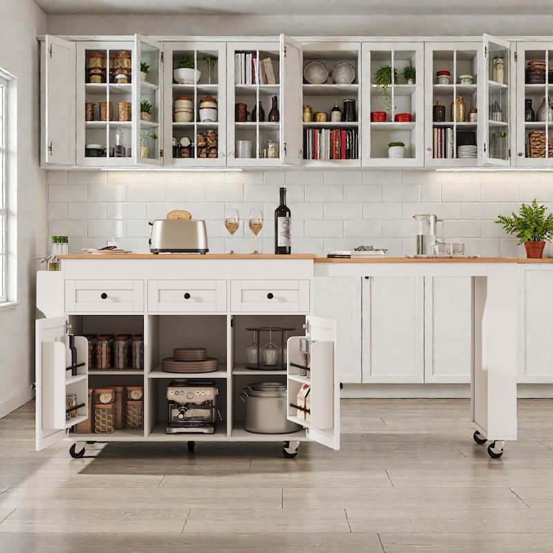 85.5" Extendable Kitchen Island with Dining Table, Rolling Storage Island with Power Outlet, Shelves, Drawers and Cabinets