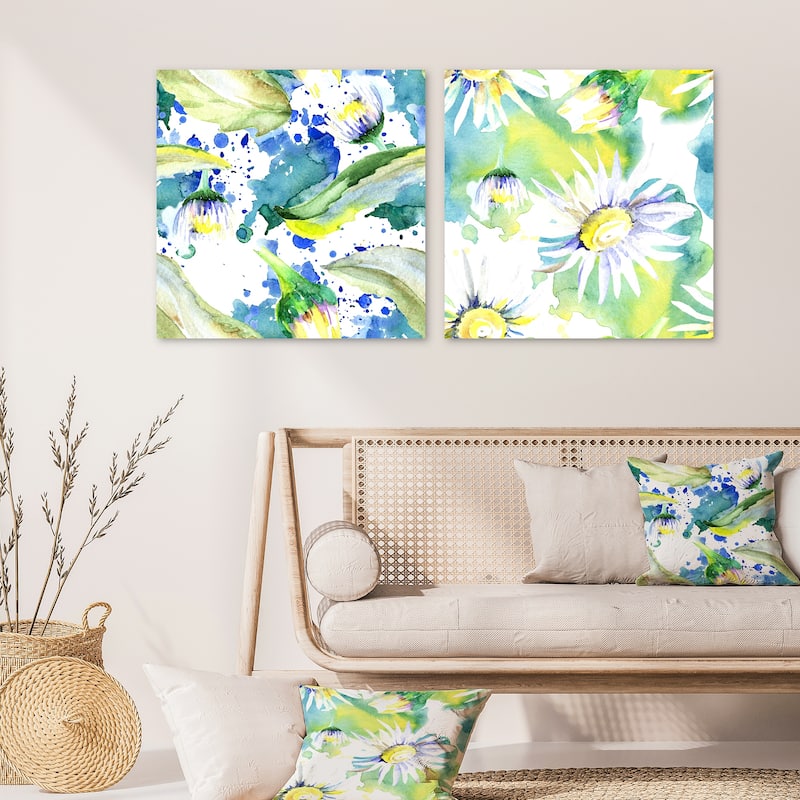 Designart 'Daisy Flowers Aquarelle Impression Collection' Flower Set of 2 Pieces - 30" W x 30" H x 1" D x 2 Pieces