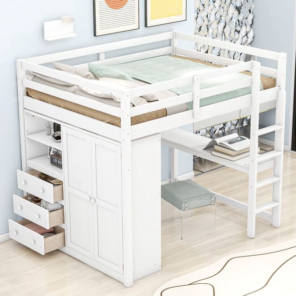 slide 2 of 9, Full Loft Bed with Built-in Wardrobe, Desk, Shelves&Drawers, Wood Loft Bed Frame w/Full-Length Guardrails for Bedroom Dorm,White White - Full