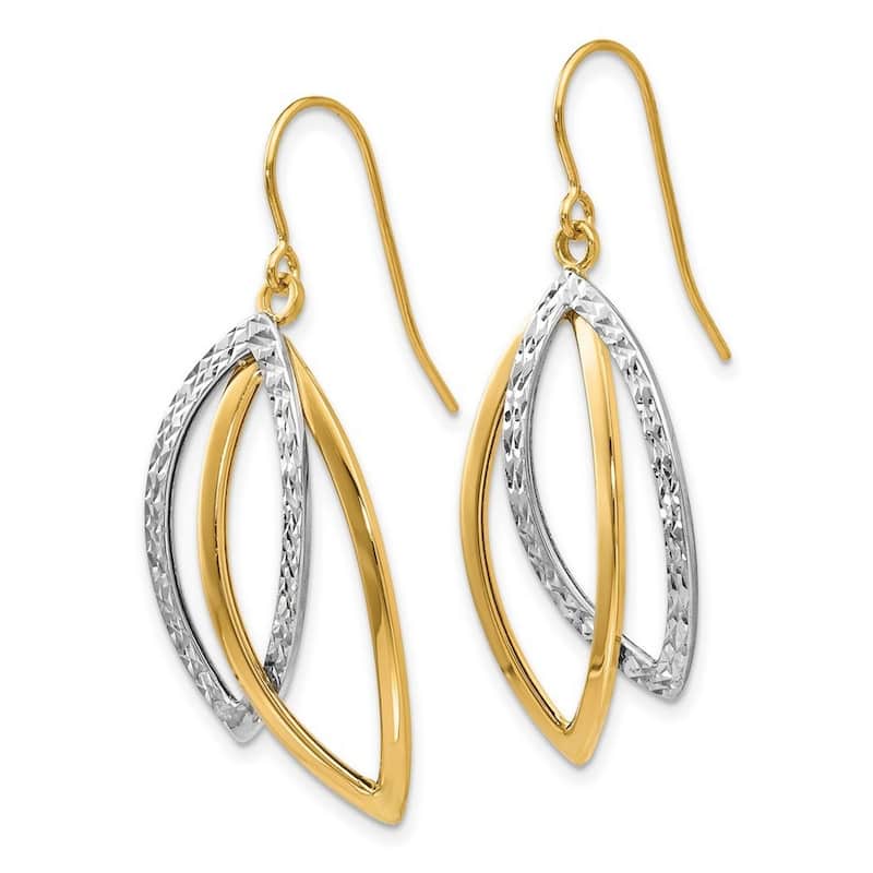 Curata 10k or 14k Two-tone Gold Textured Polished Double Marquise Dangle Earrings - 37x12mm