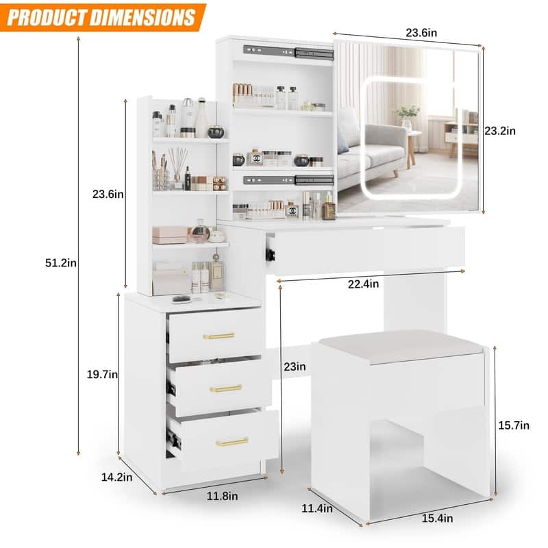 Vanity Desk with Sliding Mirror, Charging Station, 4 Drawers, Shelves, Stool