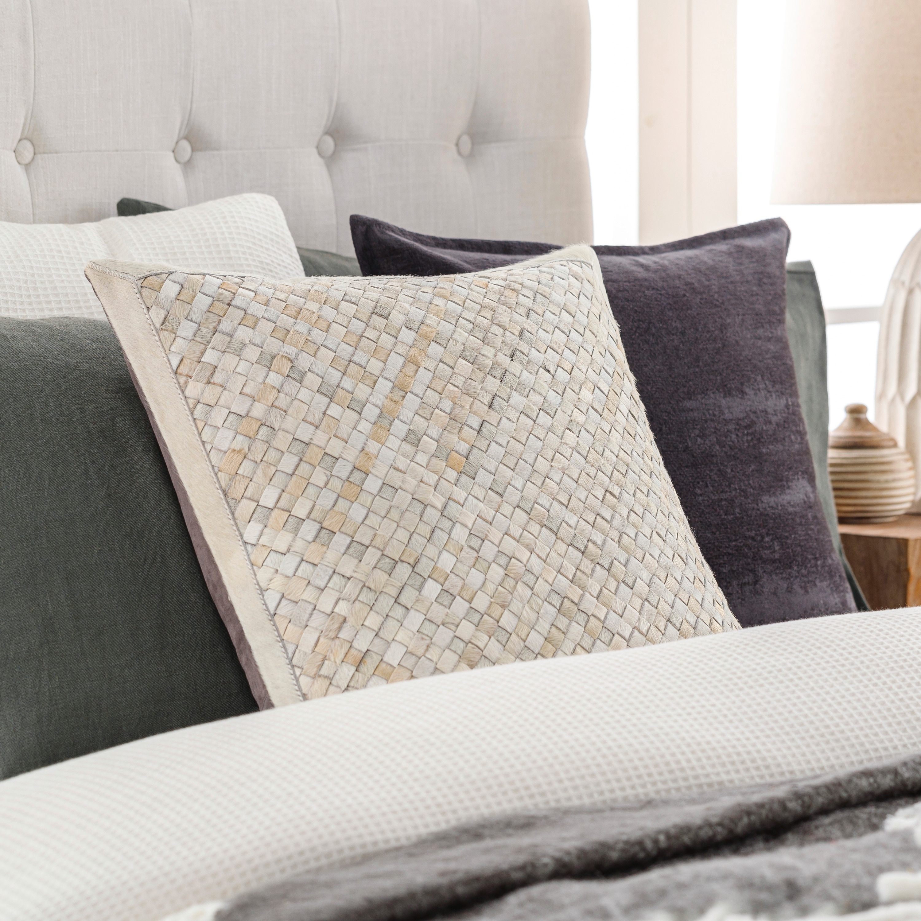 Tylar Detailed Woven Hair on Hide Leather Throw Pillow