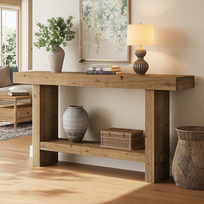 63'' Solid Wood Console Table with Shelf, 2-Tier Narrow Entryway Table - Brown