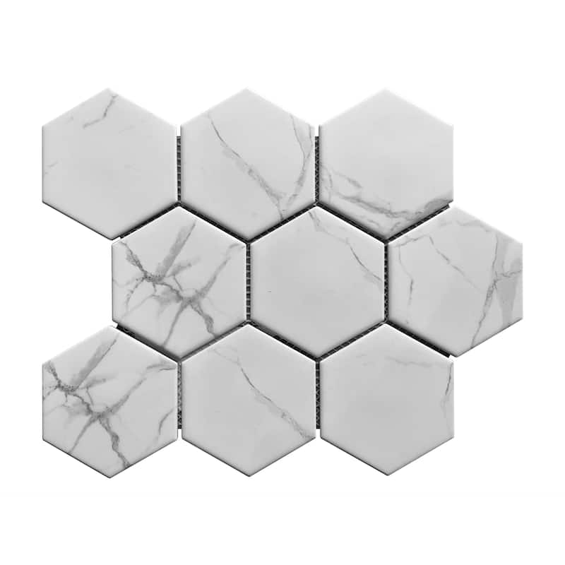 Porcelain Mosaic Tiles - White 4" Hexagon Mosaic Tiles - Case (10 Sheets) - Carrara