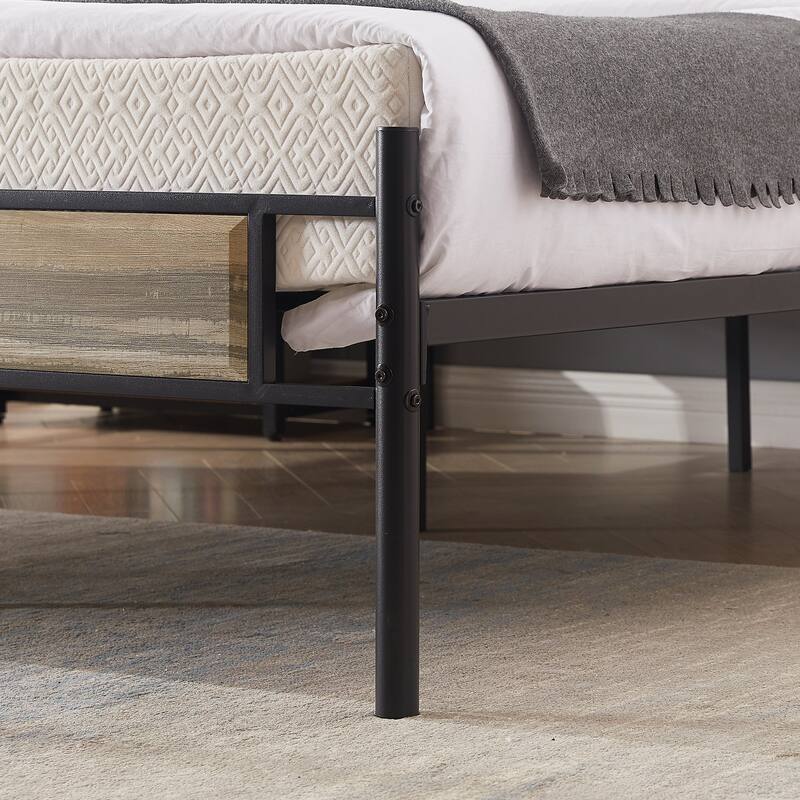 VECELO Industrial Bed Frame with Wood Headboard,Twin/Full/Queen Size Bed, Black/Brown/Slate-3 colors