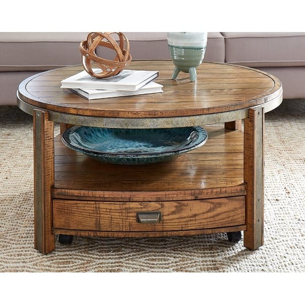 Gracewood Hollow Round Distressed Solid Wood and Metal Coffee Table