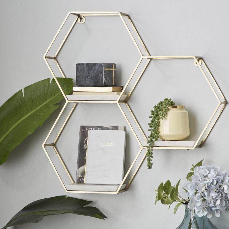 Metal Geometric Hexagon Wall Shelf with 3 Marble Shelves - Gold or Silver - Roche River Decor