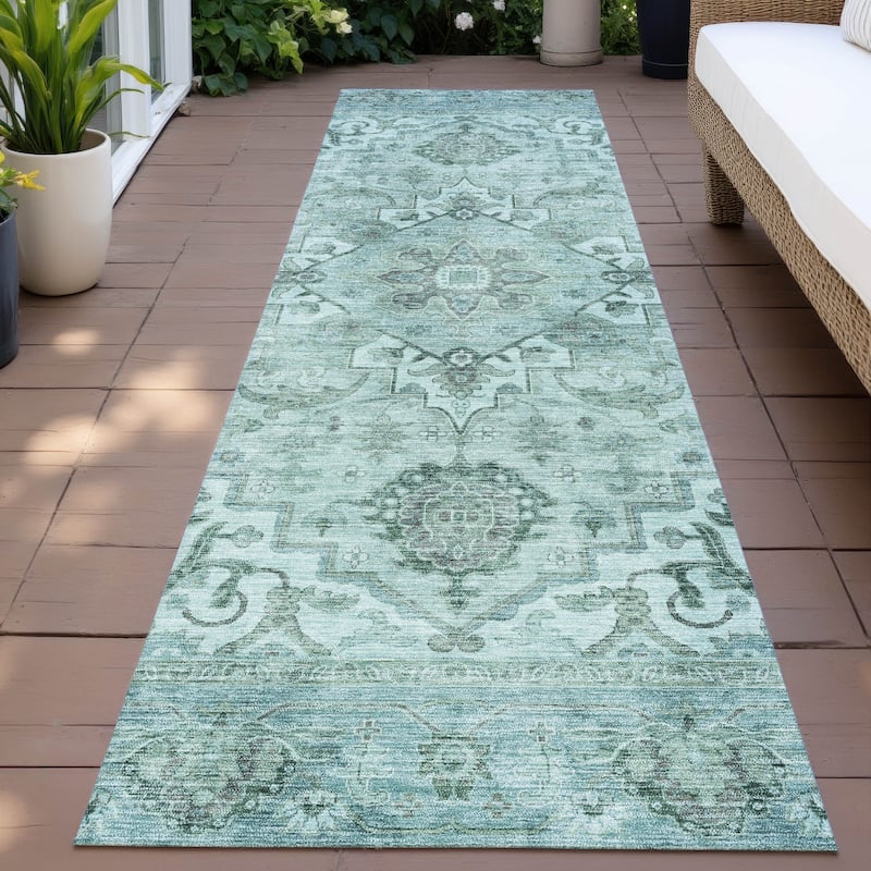 Machine Washable Indoor/Outdoor Traditional Vintage Chantille Rug - Teal - 2'3" x 7'6"