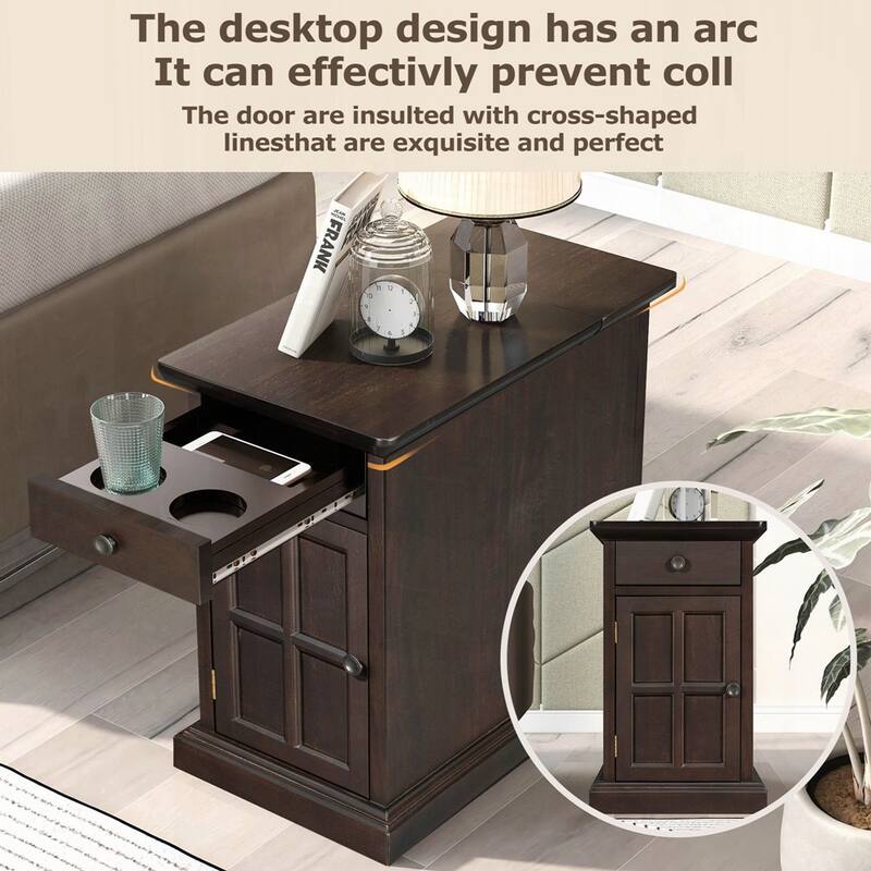 End Table Side Table with USB Ports and One Multifunctional Drawer with cup holders