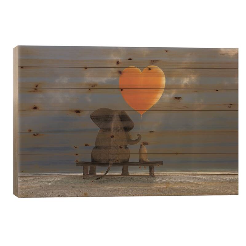 Elephant And Dog Holding A Heart Shaped Balloon Print On Wood by Mike Kiev - Multi-Color - 26x40x1.5