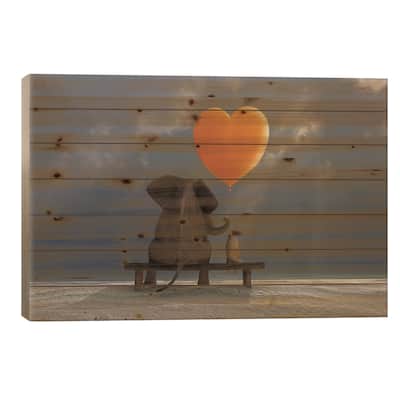 Elephant And Dog Holding A Heart Shaped Balloon Print On Wood by Mike Kiev - Multi-Color