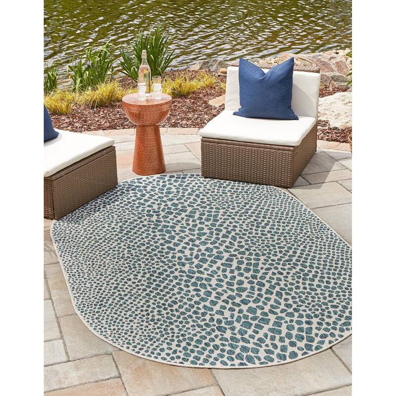Outdoor Zrand Collection Area Rug - Teal - 5'3"x8' Oval
