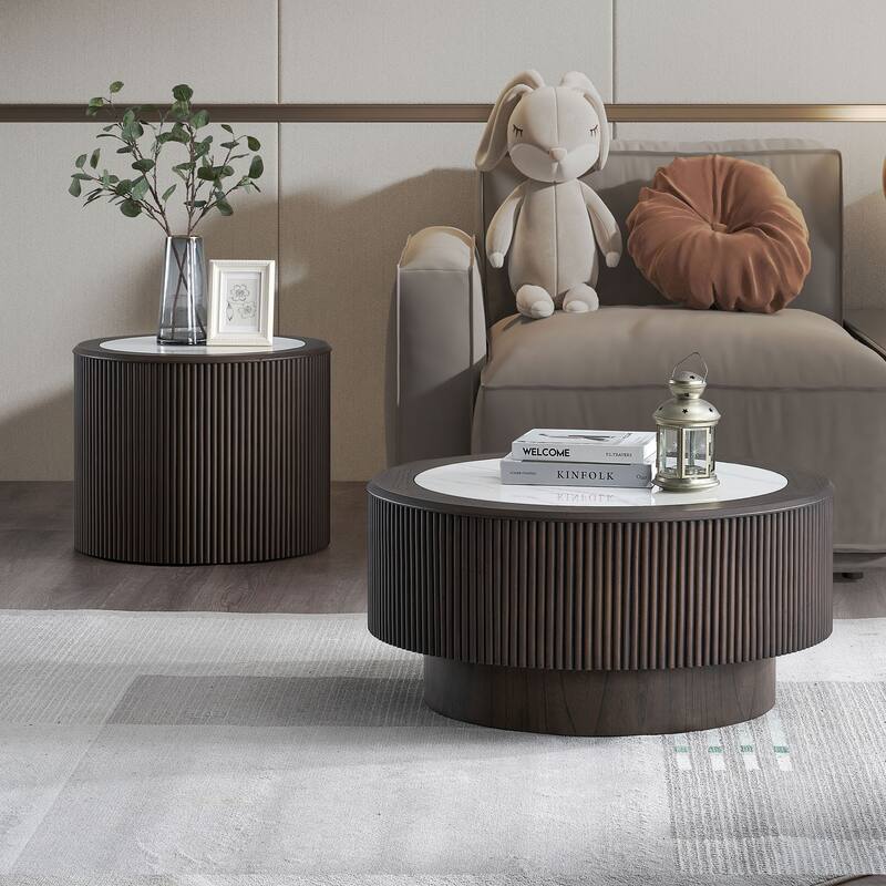 Marble Pattern Coffee Table Set,31.5 and 23.62 inch Round End Coffee Table,MDF Coffee Table with Sturdy Pedestal