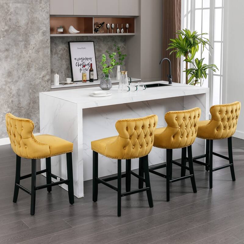 Set of 2, Set of 4 Velvet Upholstered Wing-Back Tufted Barstools with Nailhead