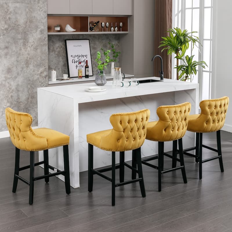 Set of 4 Velvet Upholstered Wing-Back Barstools with Button Tufted - Yellow
