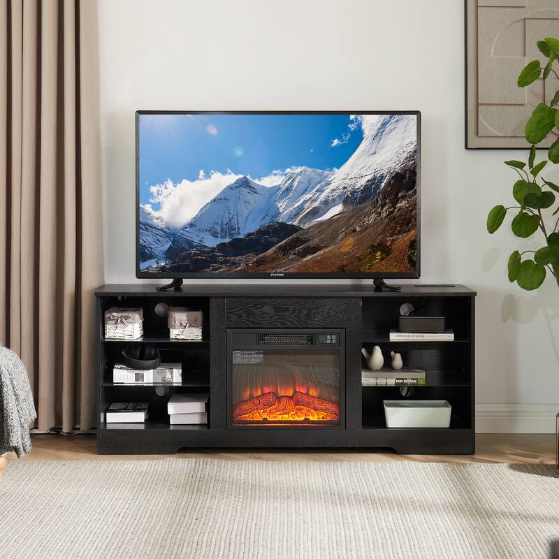 GDFStudio Alveron Wood TV Stand with 3D Electric Fireplace and LED Lights - Black