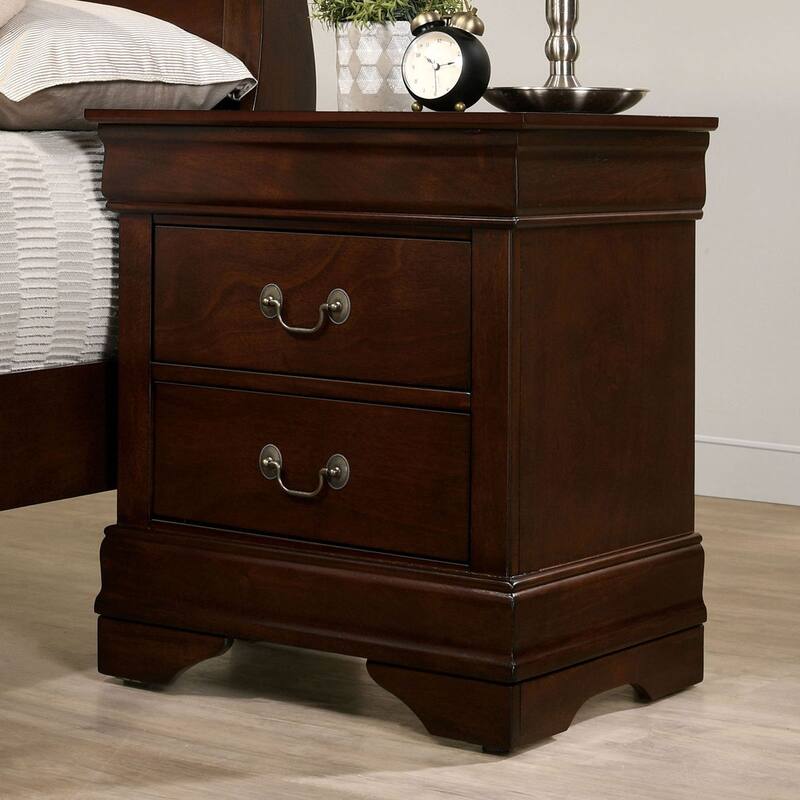 Cherry Finish Solid Wood Nightstand with Antique Brass Pulls - Cherry