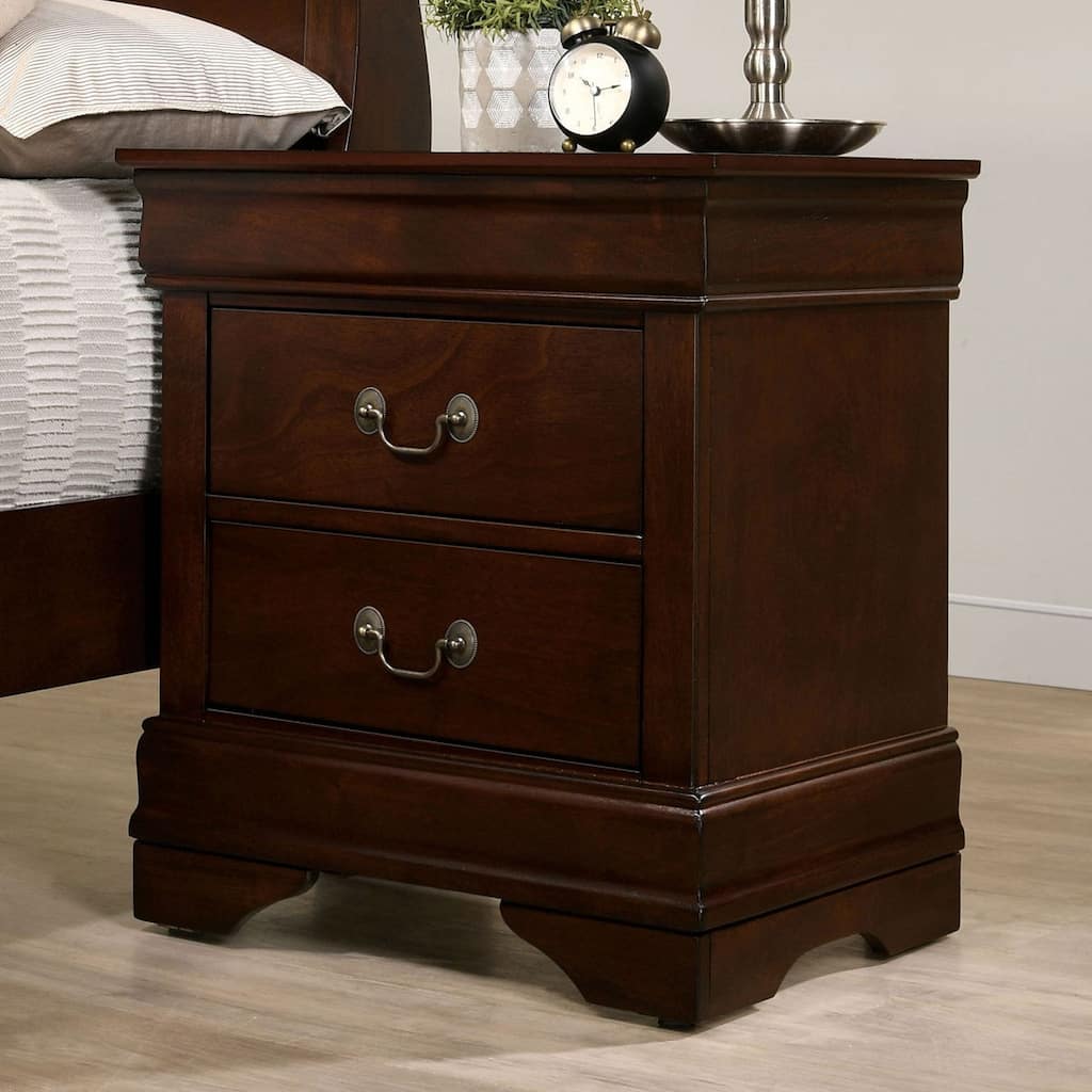 Cherry Finish Solid Wood Nightstand with Antique Brass Pulls
