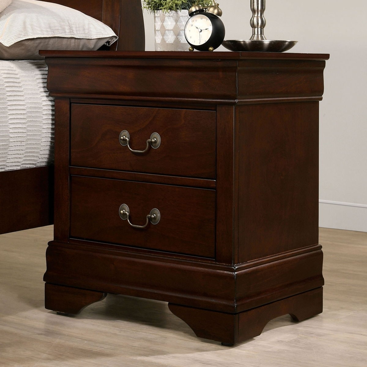 Cherry Finish Solid Wood Nightstand with Antique Brass Pulls