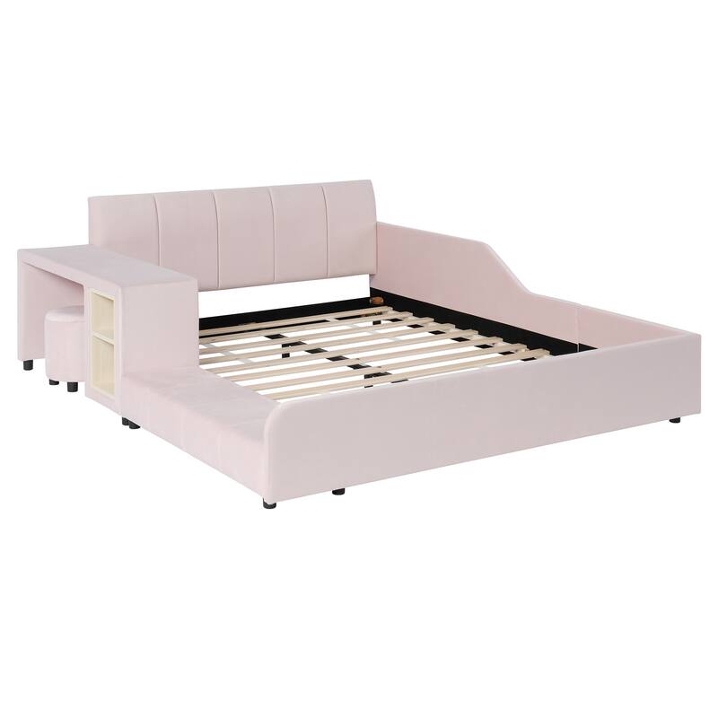 Full Size Upholstered Grounded Bed, Mother & Child Bed with Bedside Desk and Little Round Stool