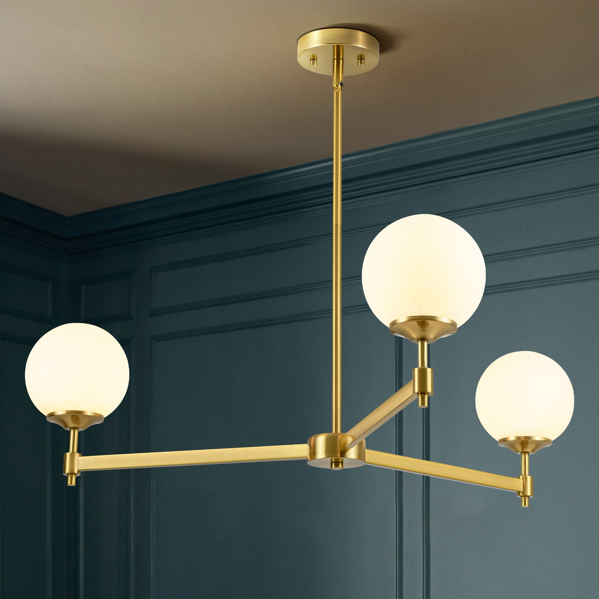 3-Light Mid-Century Modern Chandelier with Milk White Glass Globe Shades, Black or Gold Finish Ceiling Light