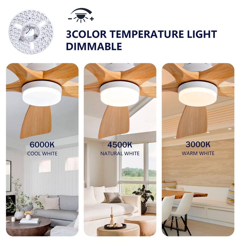42/52 Inch Ceiling Fan,Electric Fan with Lights & Remote Control,Dimmable 3-Color LED