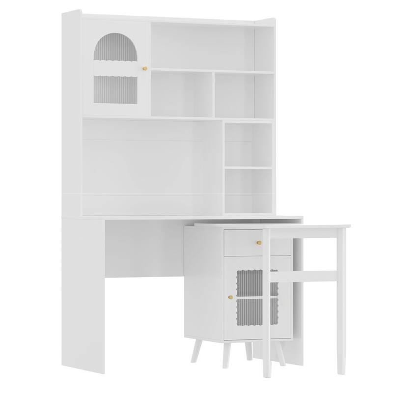 Computer Desk with 90 Rotating Side Table, Storage Drawer, Cabinets and Open Shelves for Home Office Study