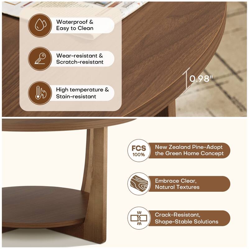 31.5" Round Coffee Table with Solid Wood Legs and 2-Tier Storage - 31.5"Dia x 17.72"H